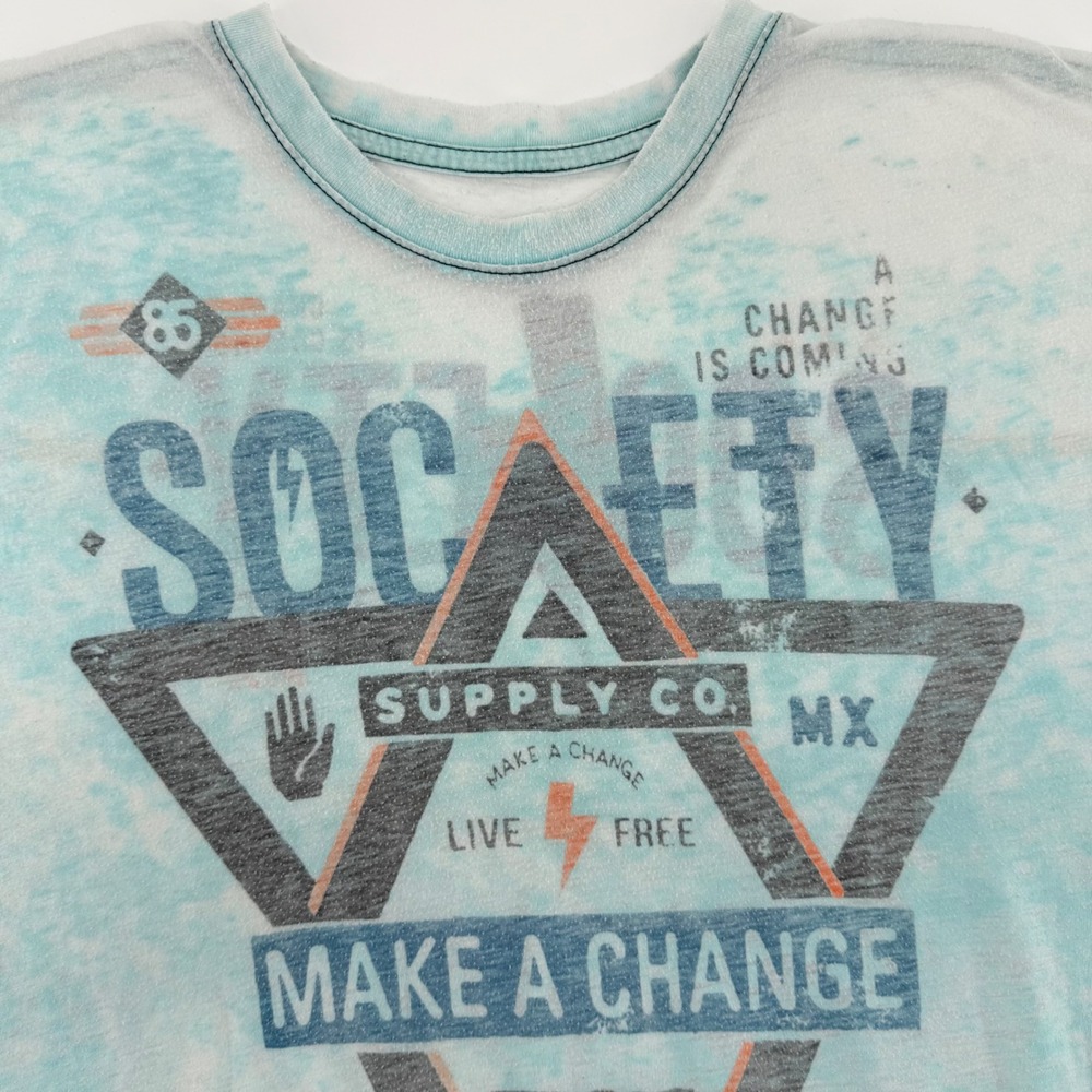 Society Supply Co. Burnout Graphic T-Shirt Aqua Blue Stylish Casual Tee Size XXL